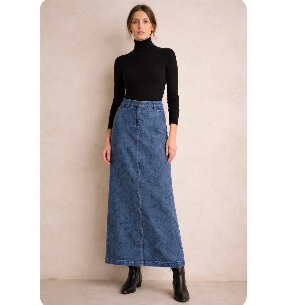 Vintage Christopher & Banks Embroidered Denim Maxi Skirt